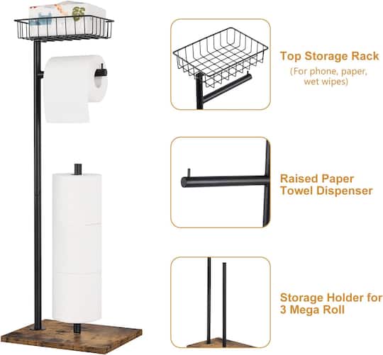 Black Freestanding Toilet Paper Holder Stand with Basket